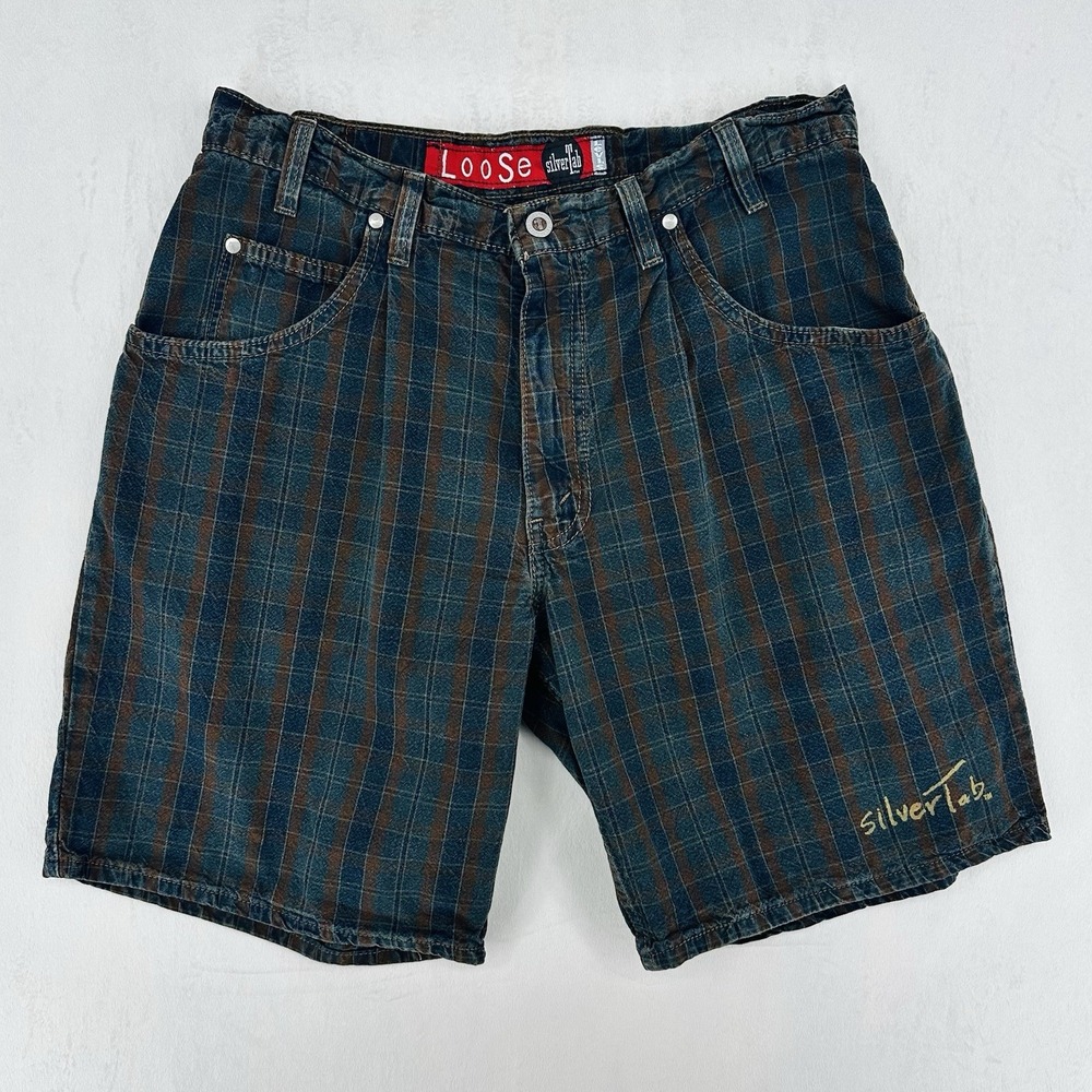 Vintage Levi's Silver Tab Loose Shorts Mens Size 34 Plaid Denim Cotton 90s USA